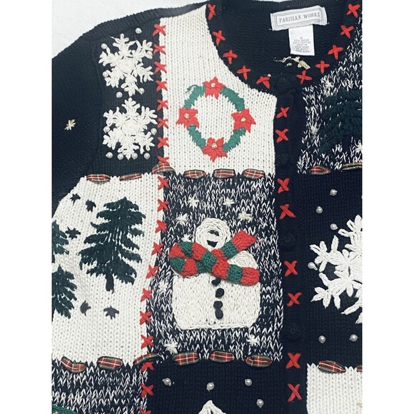 Vintage Parisian Works Christmas Cardigan Sweater Embellished Trees Snowman Sz S - Picture 2 of 15